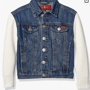 𝅺7 For All Mankind Denim Jean Jacket Sweater Knit Cream Sleeve Coat Girls Sz 6